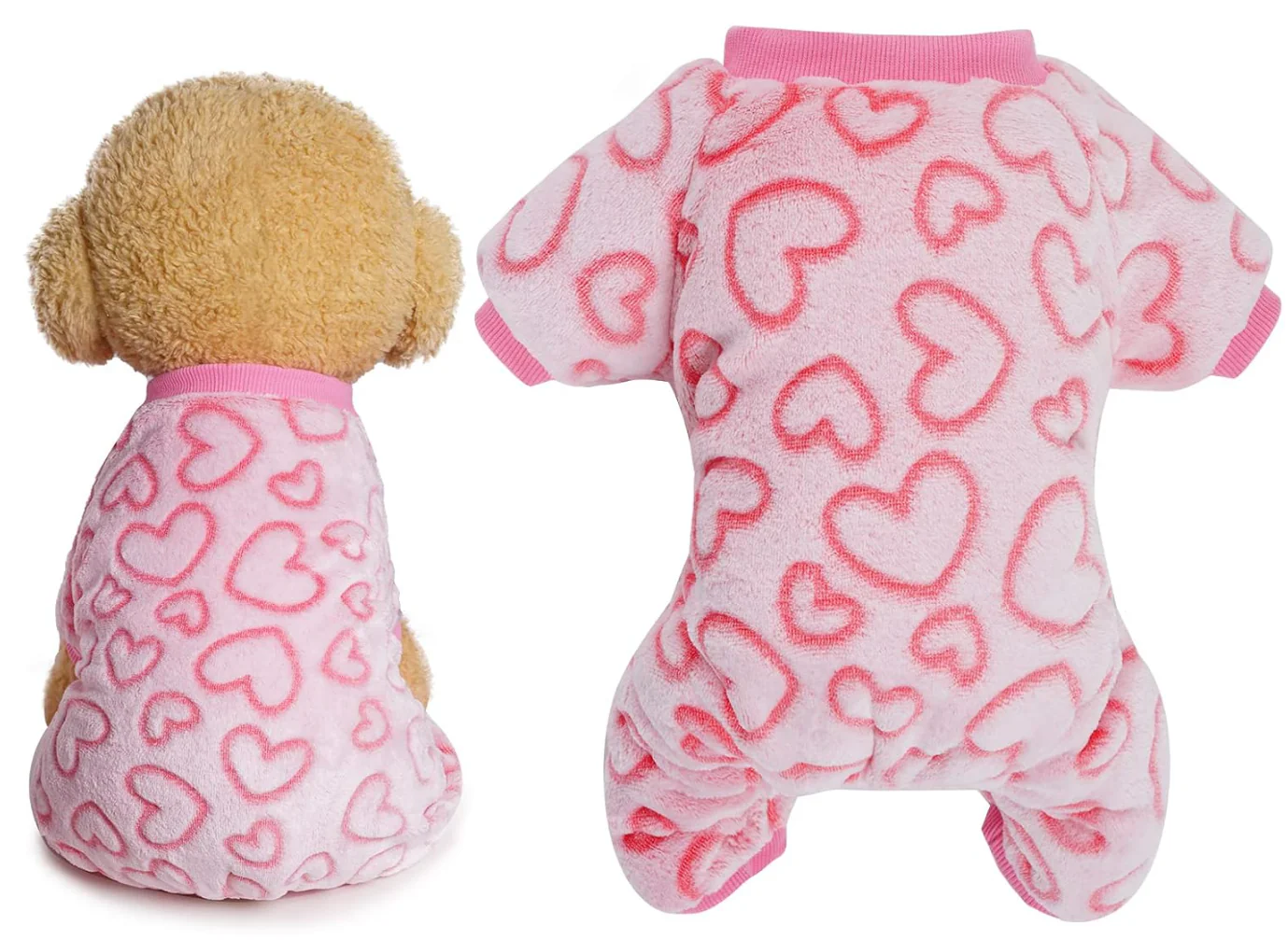 Fleece Dog Pajamas Cute Dog Heart Puppy Jumpsuit Warm Soft Pet Holiday Clothes for Small Medium Cats and Dogs (Pink, S)