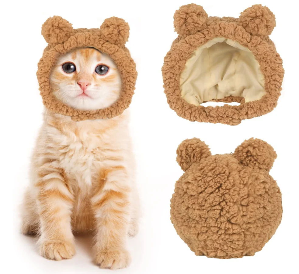 Cute Cat Costume Warm Bear Hat Adjustable Soft Small Pet Headwear for Puppy Dog (Brown)
