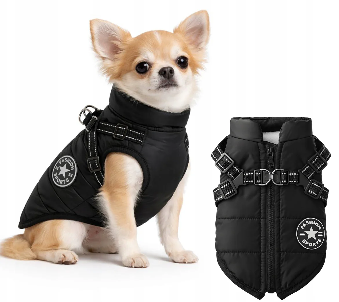 Warm dog coat for autumn and winter, with integrated harness and reflective features, (M)
