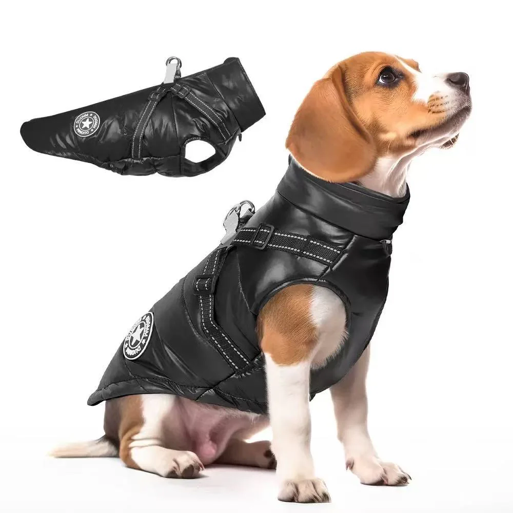 Warm dog coat, dog clothing, black winter vest with integrated harness - (M)