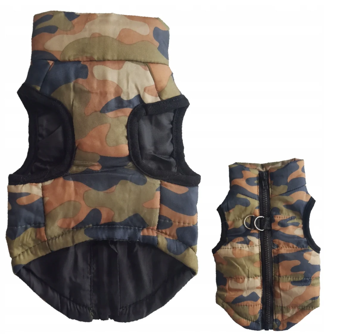 Warm vest/jacket for dogs and cats, suitable for winter, with a chest harness attachment point, camouflage green, (S)