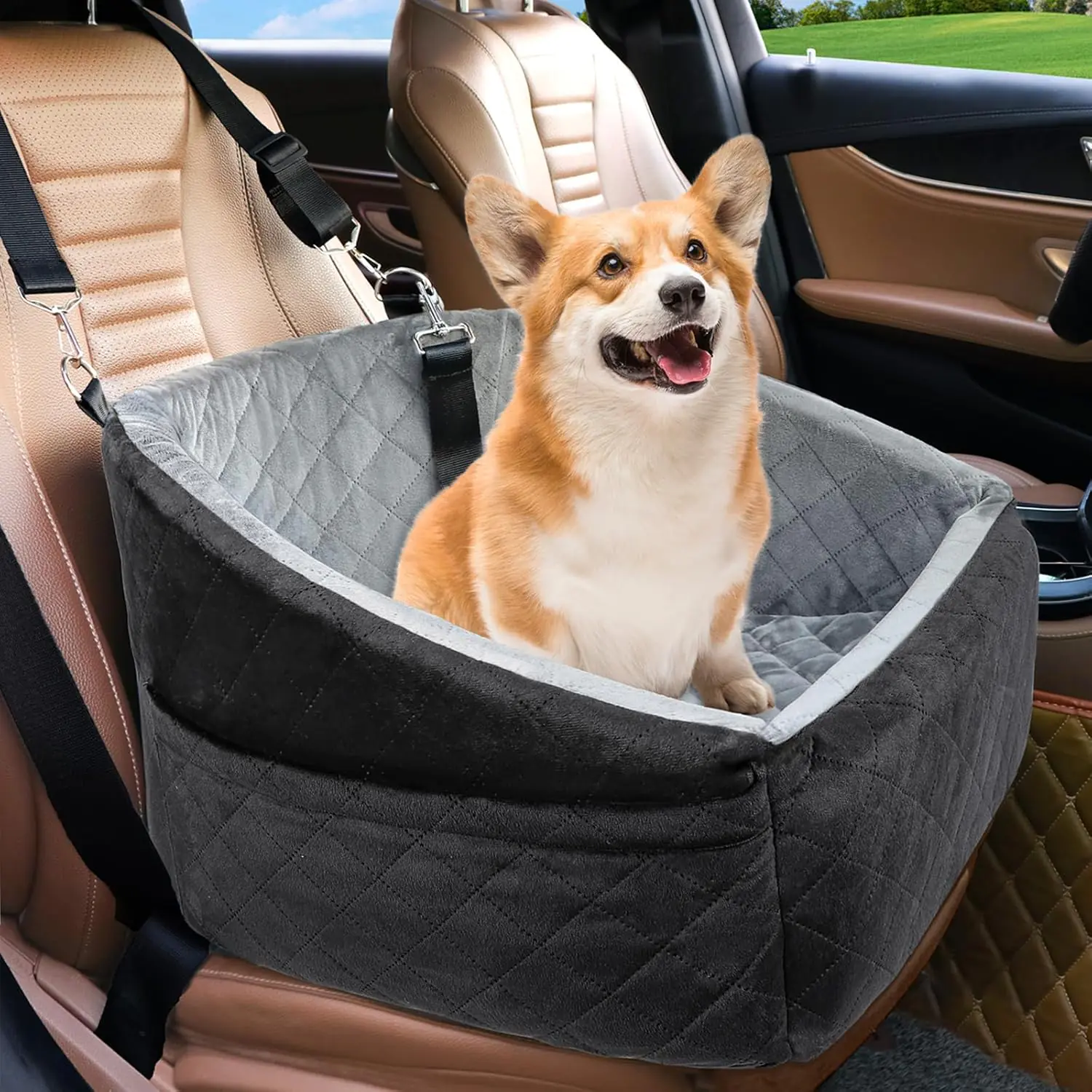 Dog Car Seat for Small Dogs,Detachable Washable Dog Booster Seat Under 30lbs, Pet Car Seat Travel Bed with Storage Pockets and Dog Safety Belt