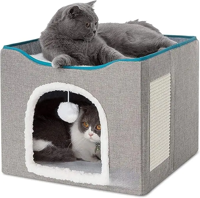 Cat Beds for Indoor Cats - Large Cat Cave for Pet Cat House with Fluffy Ball Hanging and Scratch Pad, Foldable Cat Hideaway