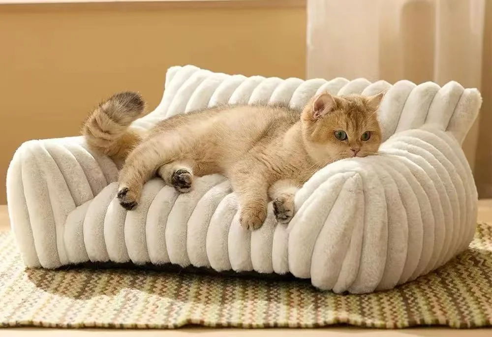 Cute Cat Couch for Pets - Fluffy Cat beds with Premium Soft Corduroy Fleece, Fuzzy Cats beds for Indoor Cats with Removable Washable Cover, Supportive Pet Sofa (S-60*45*20cm)