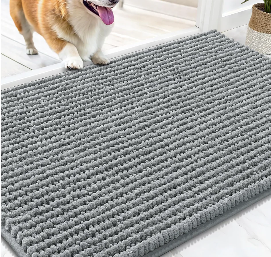 Dog Door Mat for Muddy Paws, Ultra Absorbent Chenille Mud Doormat, Non-Slip Washable and Dirt Trapping Doormat for Indoor Entryway, Quick-Dry Indoor Pet Bed Mats for Dogs, Grey, 50*80cm