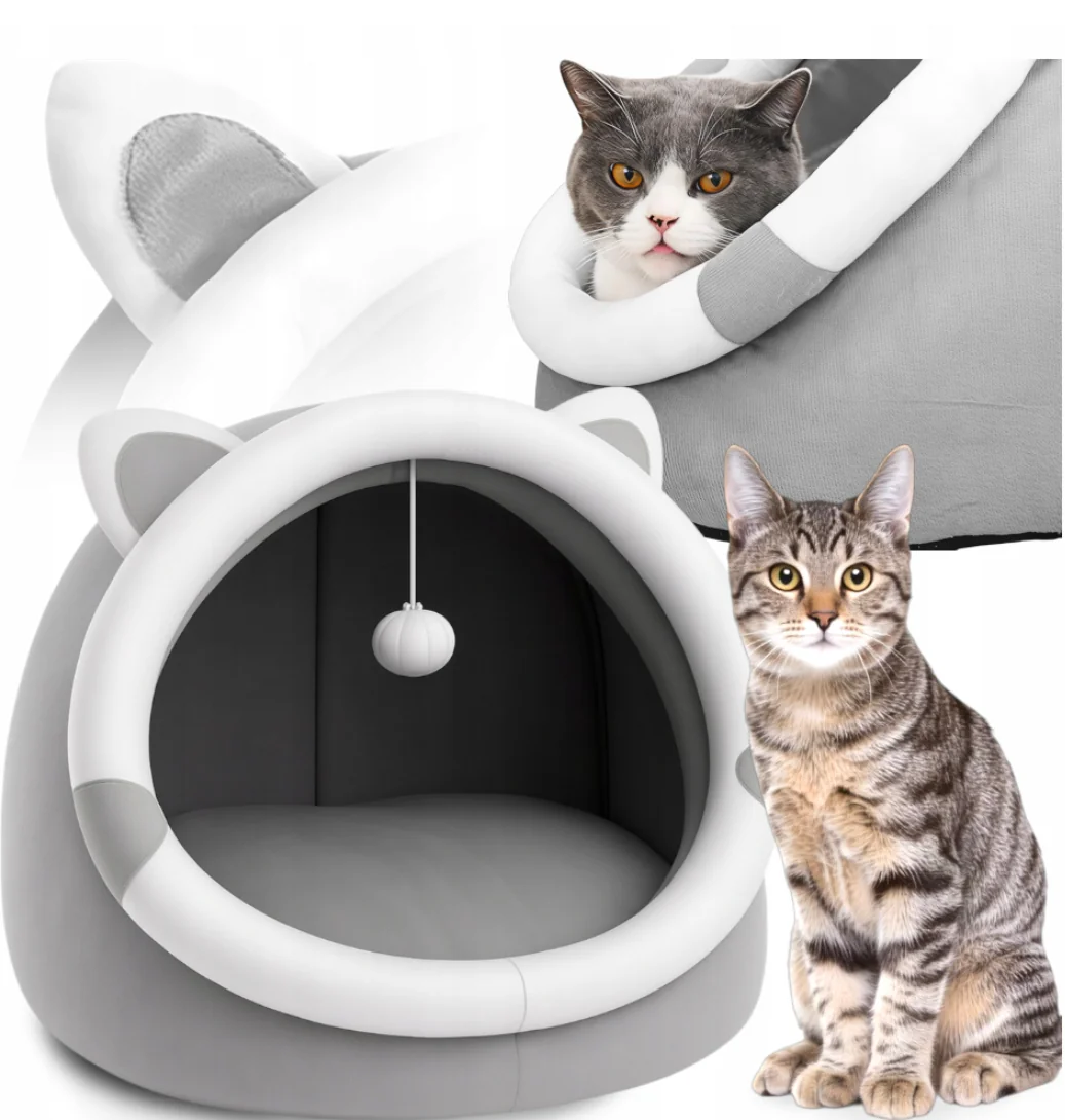 Cat house plush bed with warming enclosure and plush toy ball (S-30*30*31cm)