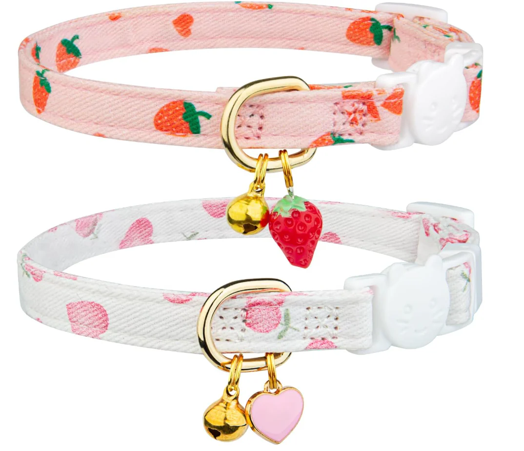 2 Pack Cotton Breakaway Cat Collar Pink Strawberries and White Heart Shaped Pendant Cute Kitten Cat Collar with Bell,30cm