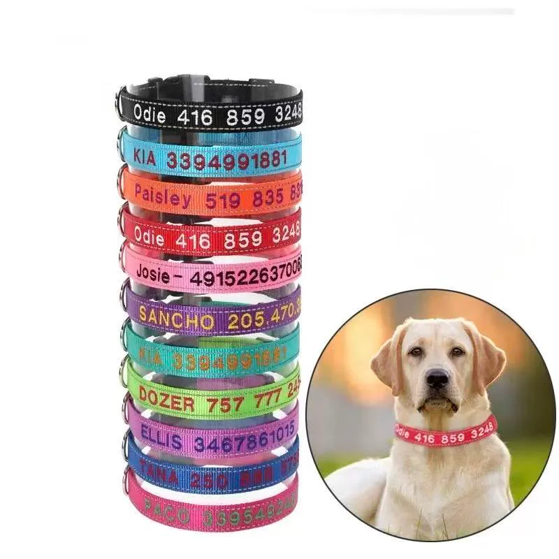 Personalized dog collars and reflective nylon leashes can be customized with embroidered pet names and phone numbers. Suitable for both male and female dogs and cats, these collars help prevent your pet from getting lost (S)