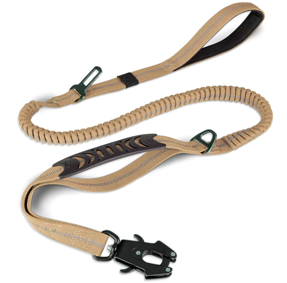 Tactical Dog Leash Heavy Duty, Shock Absorbing Bungee Lead with 2 Padded Handle, Metal Carabiner Clip, Car Seatbelt, Strong No Pull Leash for Medium Large X-Large Dogs