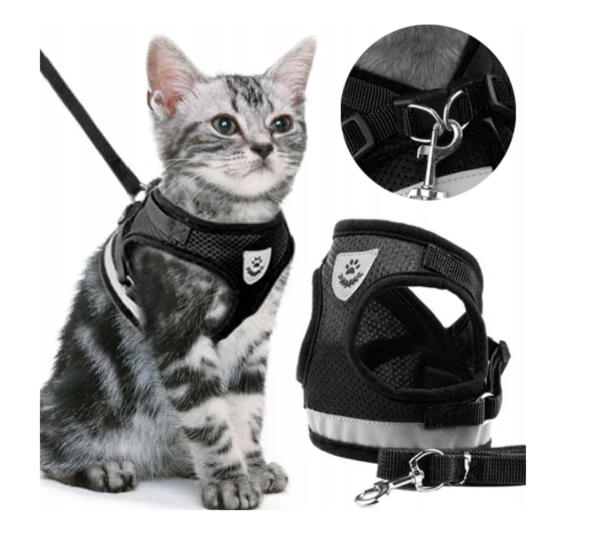 Stress-free cat harness and leash set, adjustable and reflective, (S)