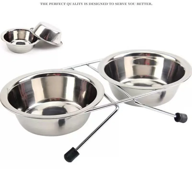 Stainless steel pet bowl with anti-slip strap and stand - dog bowl, small, medium and large-sized dogs, double food bowl, pet feeding set, diametere16.5cm
