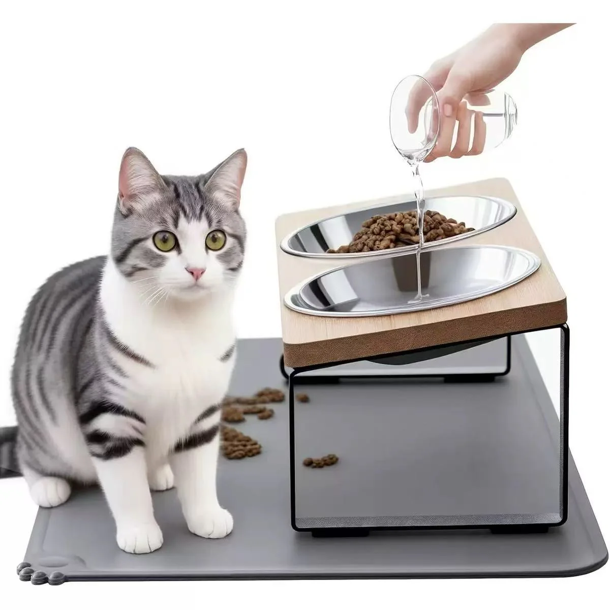 Upgraded Elevated Cat Bowls with Food Mat,15??Tilted Stand Anti Vomiting Raised Cat Dishes for Food and Water,2 Stainless Steel Bowls for Cats and Puppy