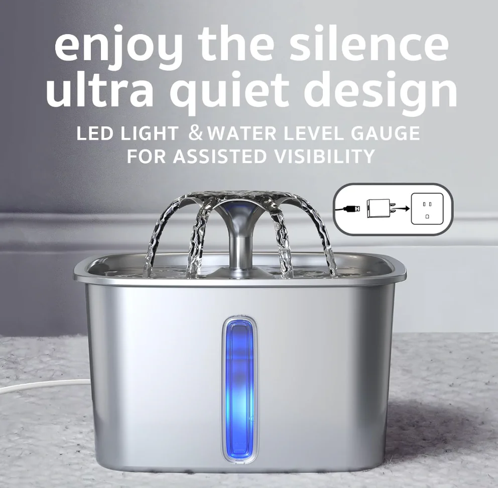 Stainless Steel Cat Water Fountain, Pet Fountain Dog Water Dispenser (No charging plug)