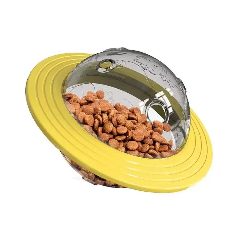 UFO-shaped slow-dispensing dog and cat food toy