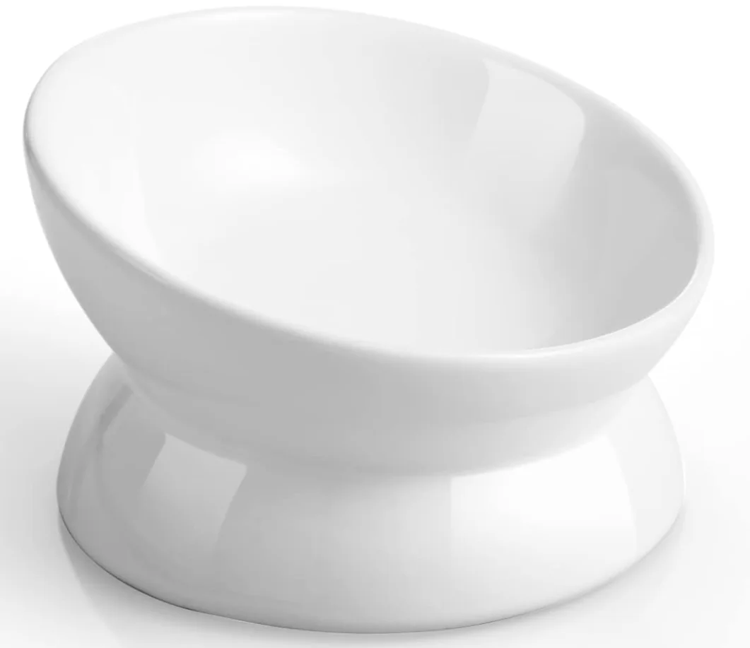 Elevated Cat Food Bowl, Ceramic Raised and Tilted Water Bowl, Anti Vomiting and Protect Pets' Spines Dishes for Small Dog, Fat Faced Cat, Kitten, Capacity: 150ml