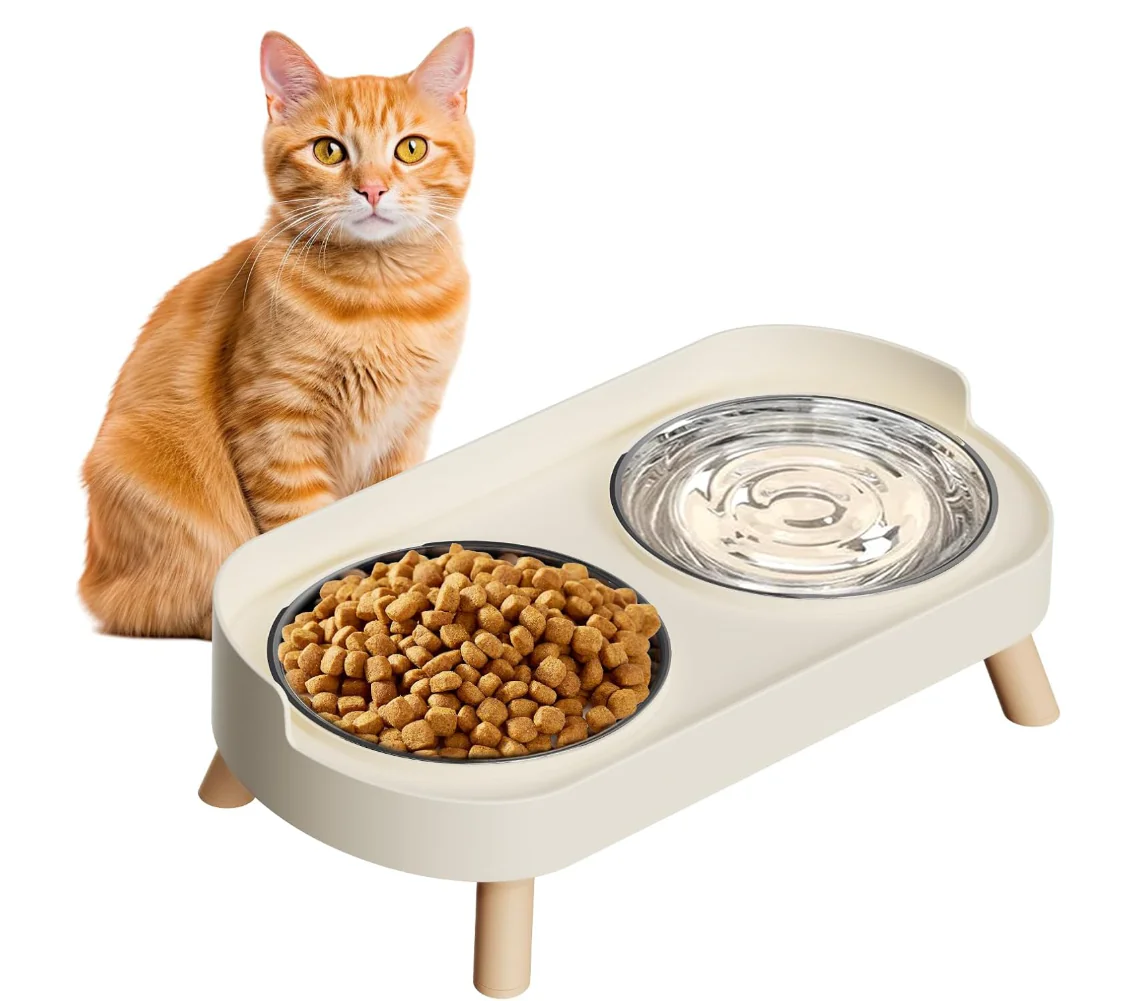 Elevated Cat Bowl, Raised Cat Food and Water Bowl Set for Indoor Cats, Splash Proof with 2 Stainless Steel Pet Food Bowls for Cats and Puppies, Whisker Fatigue and Dishwasher Safe,, 400ml*2