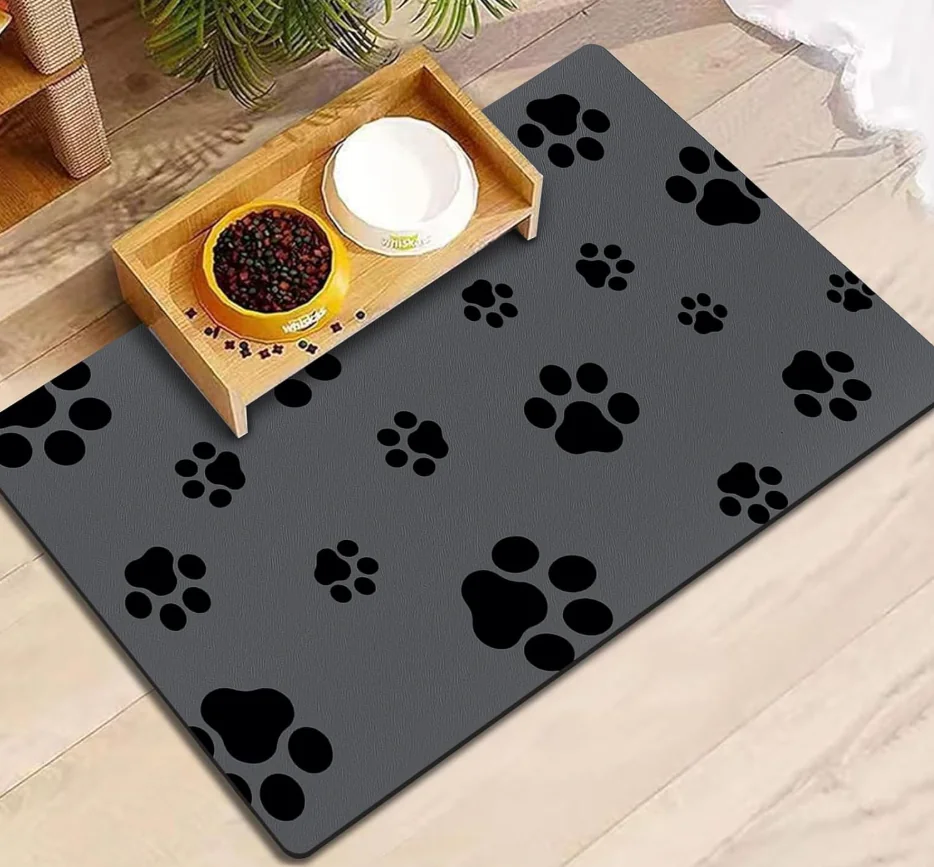 Dog Food Mat-Absorbent Dog Mat for Food and Water, No Stains Quick Dry Cat Food Bowl Mat with Footprints for Messy Drinkers-L