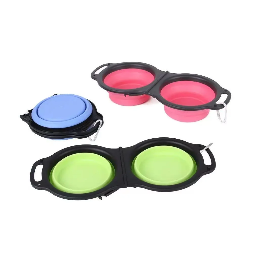 Foldable double-layer bowl, suitable for dogs and cats, ideal for travel and outdoor activities; can hold both food and water