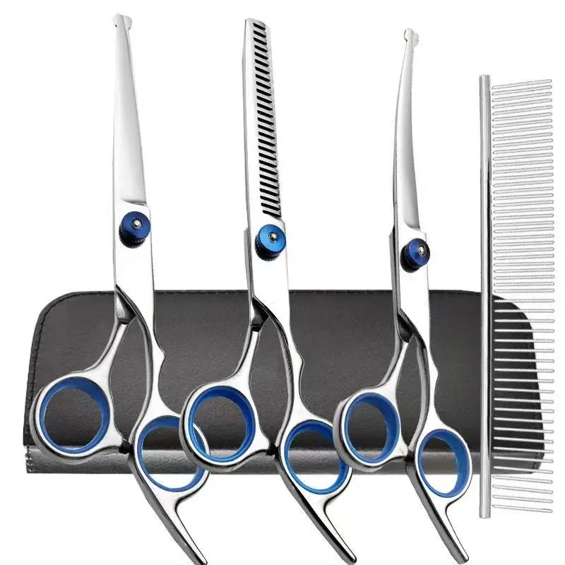 Professional 5 in 1 Dog Grooming Scissors Set with Safety Round Tips, Sharp and Heavy-duty Pet Grooming Shears for Cats