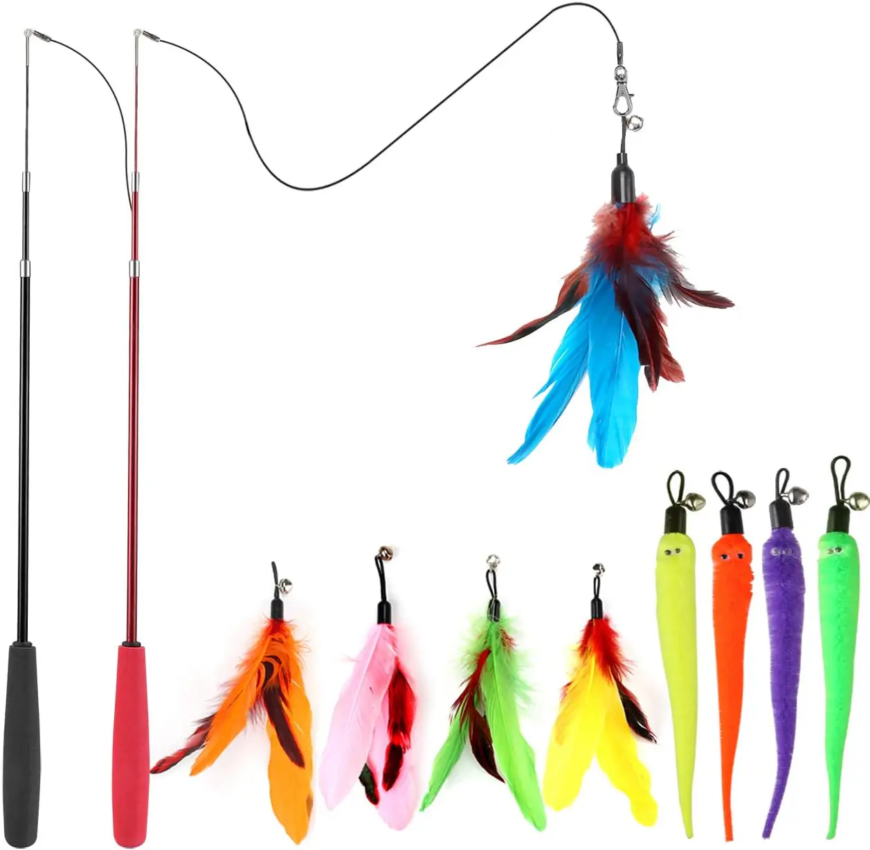 Cat Feather Toy, Retractable Cat Toys Wand 2 Wands & 8 Assorted Teaser Refills, Interactive Feather Teaser Wand Toy Bell Kitten Cat Having Fun Exerciser Playing 11pack