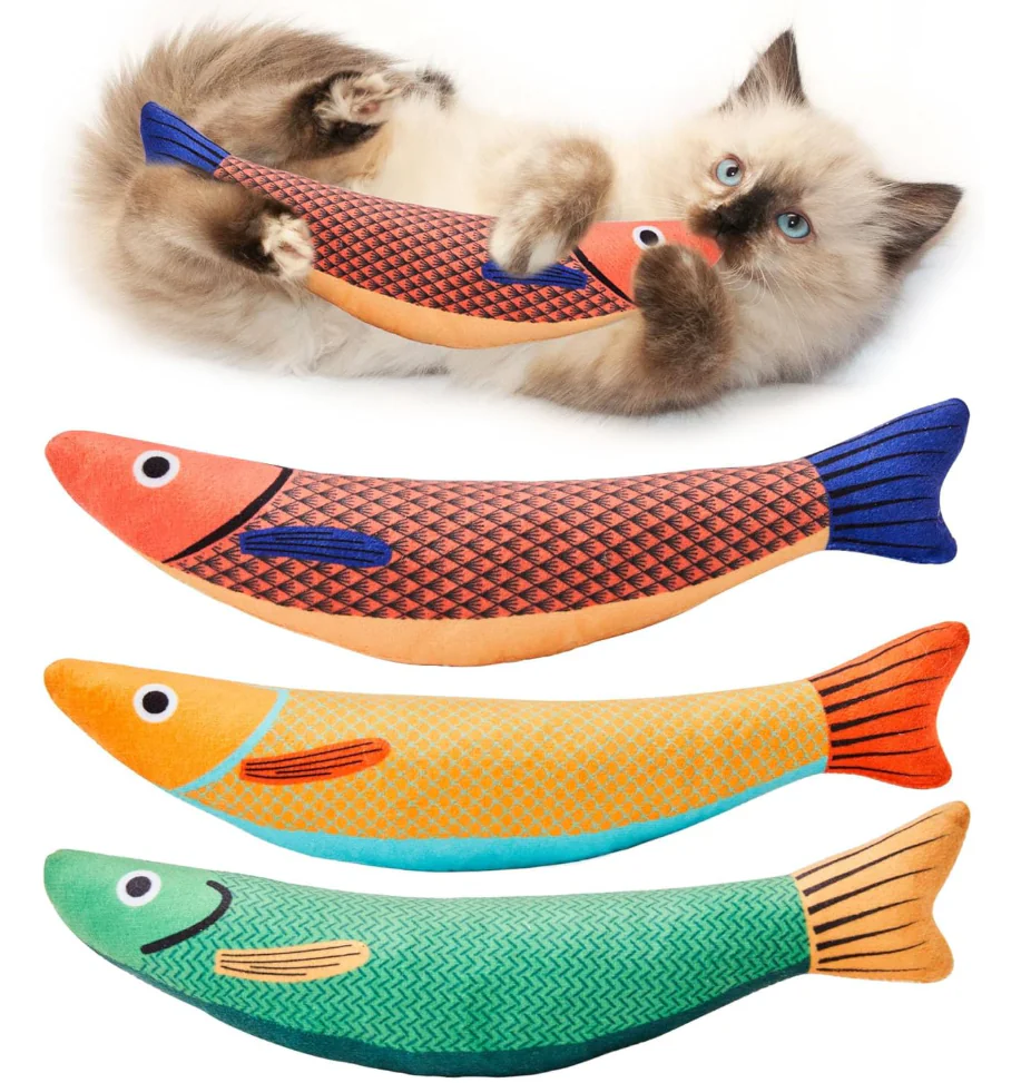 Cat Toys Saury Fish, Catnip Crinkle Sound, Soft and Durable, Interactive Kitten Kicker for Indoor Kitty Exercise for all Breeds, 3 pack