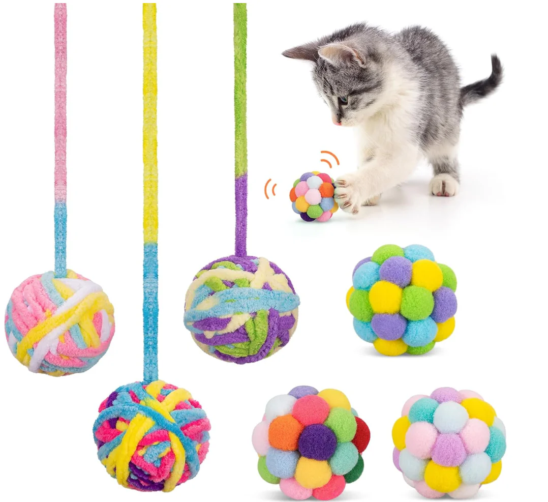 Cat Toys Balls, Yarn Cat Balls with Bells Inside, Interactive Kitten Chew Toys for Indoor Kittens Kitty, Jingle Kitten Ball with String, 6pack