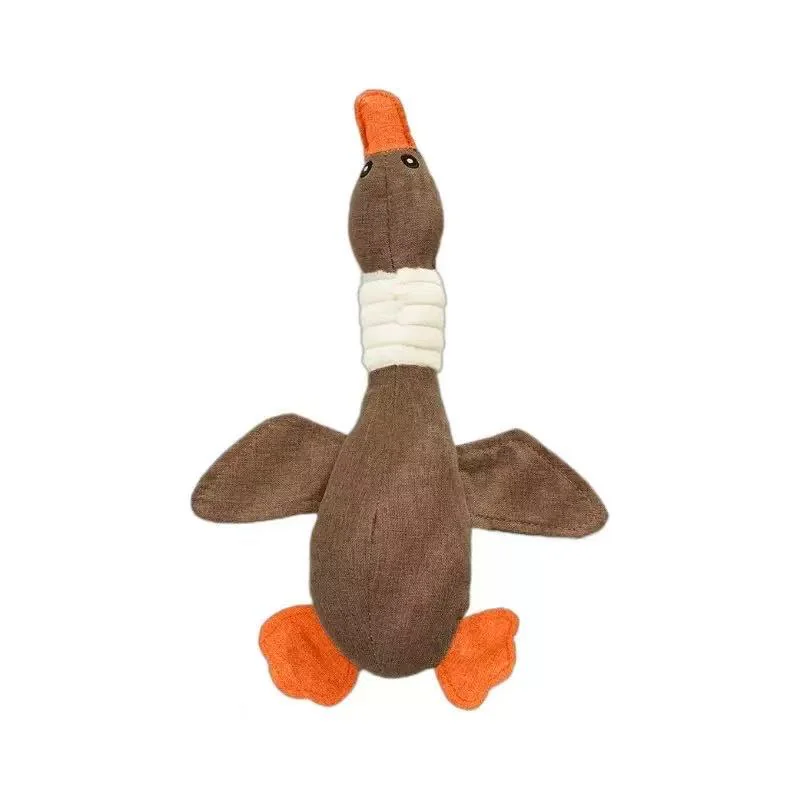 Plush dog and duck toy makes a squeaking sound and is durable