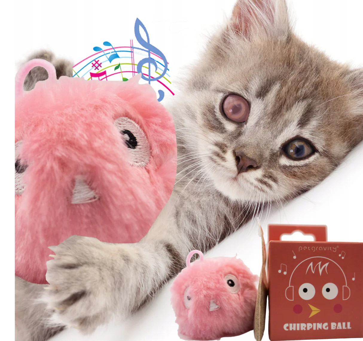 Plush interactive cat toy ball with sound effects and bird chirping sounds, pink