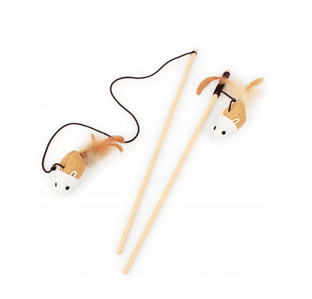Wooden cat wand, shaped like a mouse, with feathers and a bell
