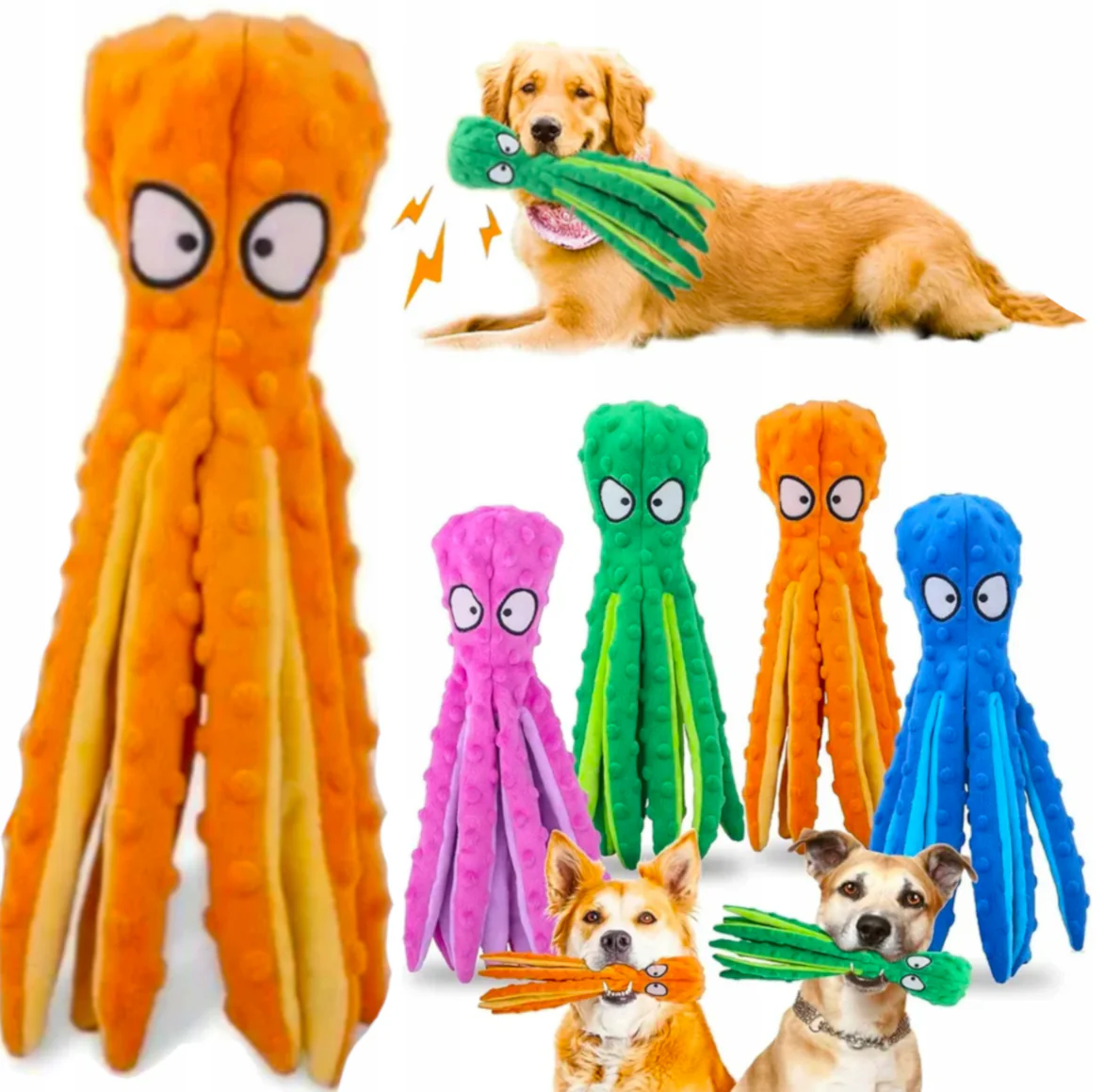 Octopus Dog Squeaky Toy - No Stuffing, Plush, Crinkle Paper in Legs, Corduroy Interactive Play & Teething Toy for Small, Medium Dogs , 32 cm