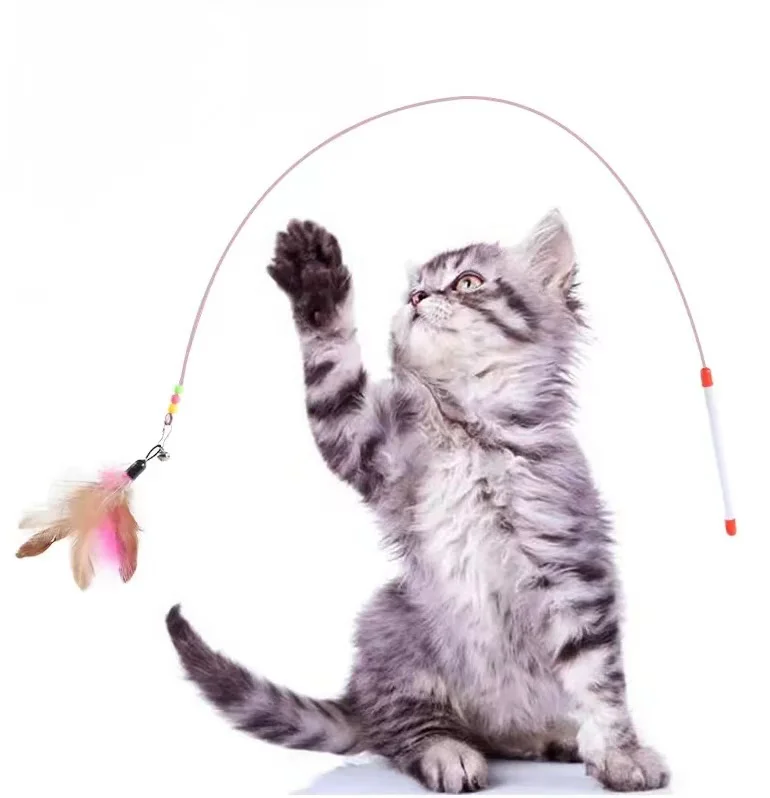 Cat Kitten Toy Feather Wand Stick Cat Teaser Dangle Bell Interactive Play Toys