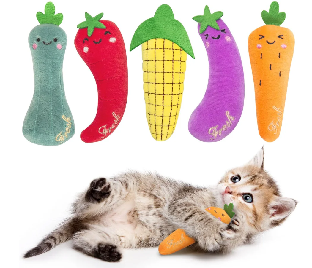 Catnip Cat Toys, 5 Pack, Plush Cat Nip Toys for Indoor Kitten Kitty, Interactive Cat Kicker Chew Safe Teeth Cleaning Toys, Fun Vegetable Shape