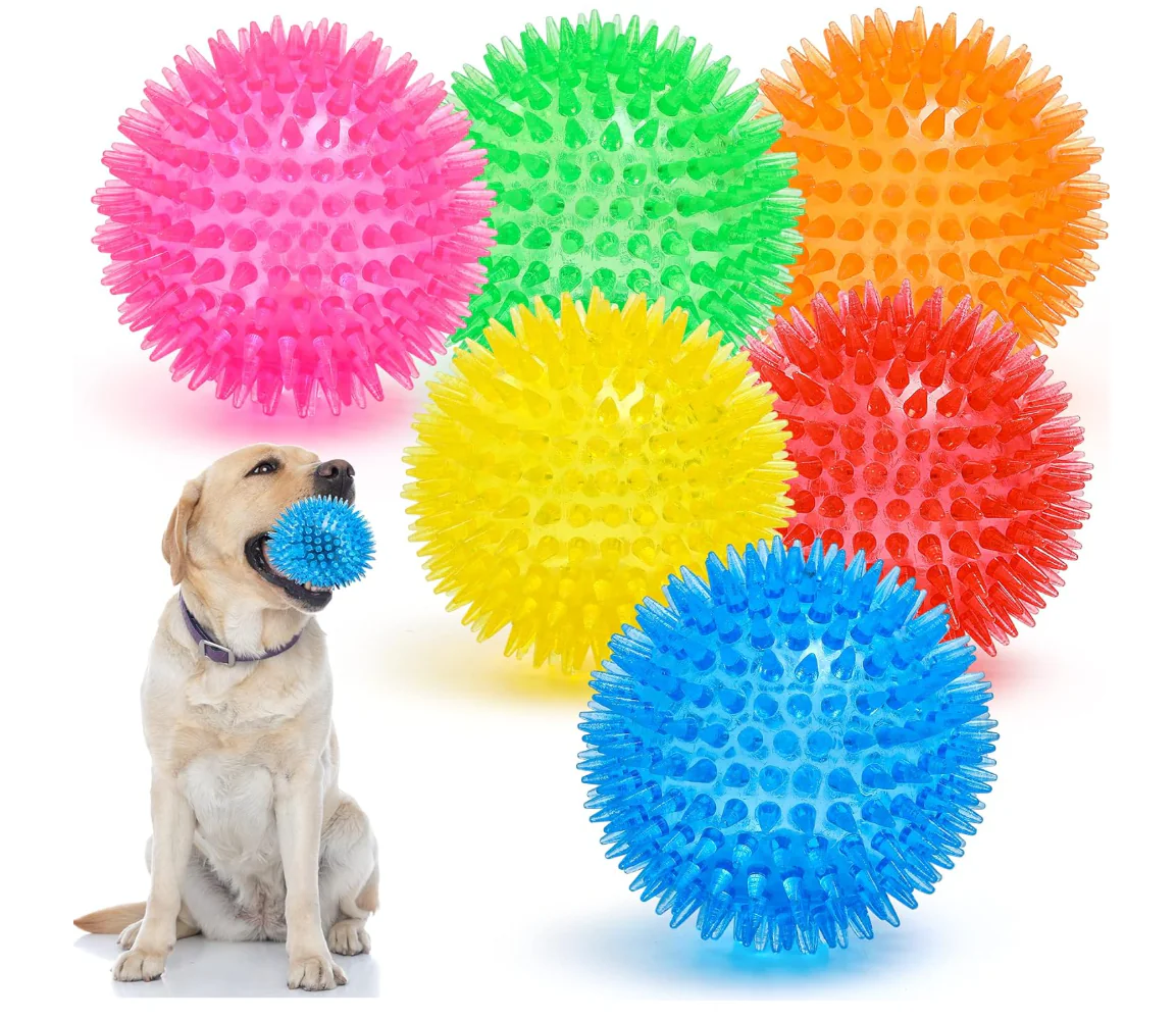 Squeaky Dog Toy Balls (6 pack) Puppy Chew Toys for Teething, BPA Free Non-Toxic, Spikey Dog Balls for Medium, Large & Small Dogs, Durable Toys for Aggressive Chewers (M, 9cm)
