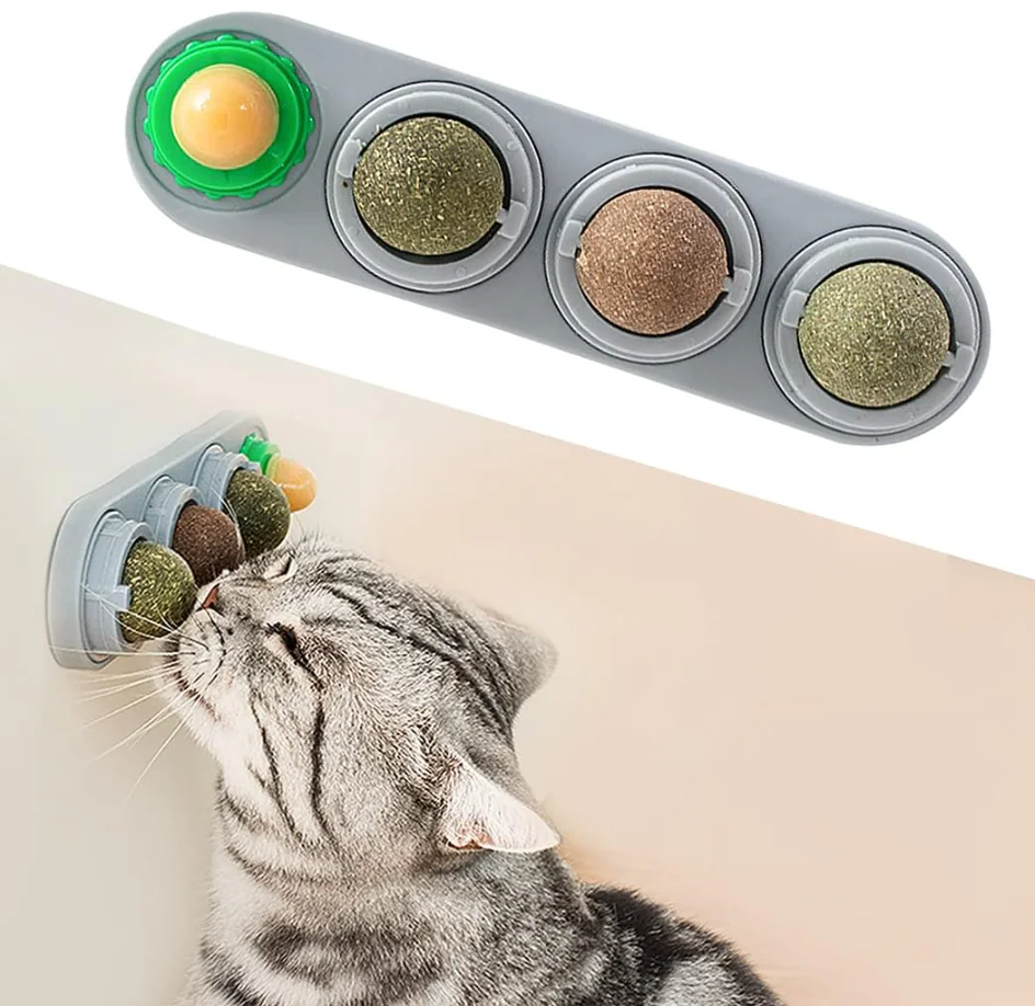 4 Catnip Silvervine Ball Toys, Extra Cat Energy Ball, Edible Cats Lick Kitten Chew, Teeth Cleaning Dental Wall Treats, Concentrated Flavor for All Breeds