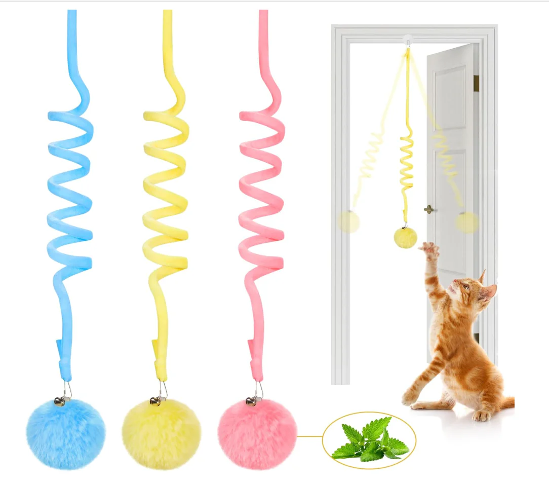 Hanging Fluffy Cat Catnip Ball Toys 3 Pcs with Bell, Interactive Cat Teaser Retractable Toys Indoor Kitten Play Chase Exercise Physical Stimulation